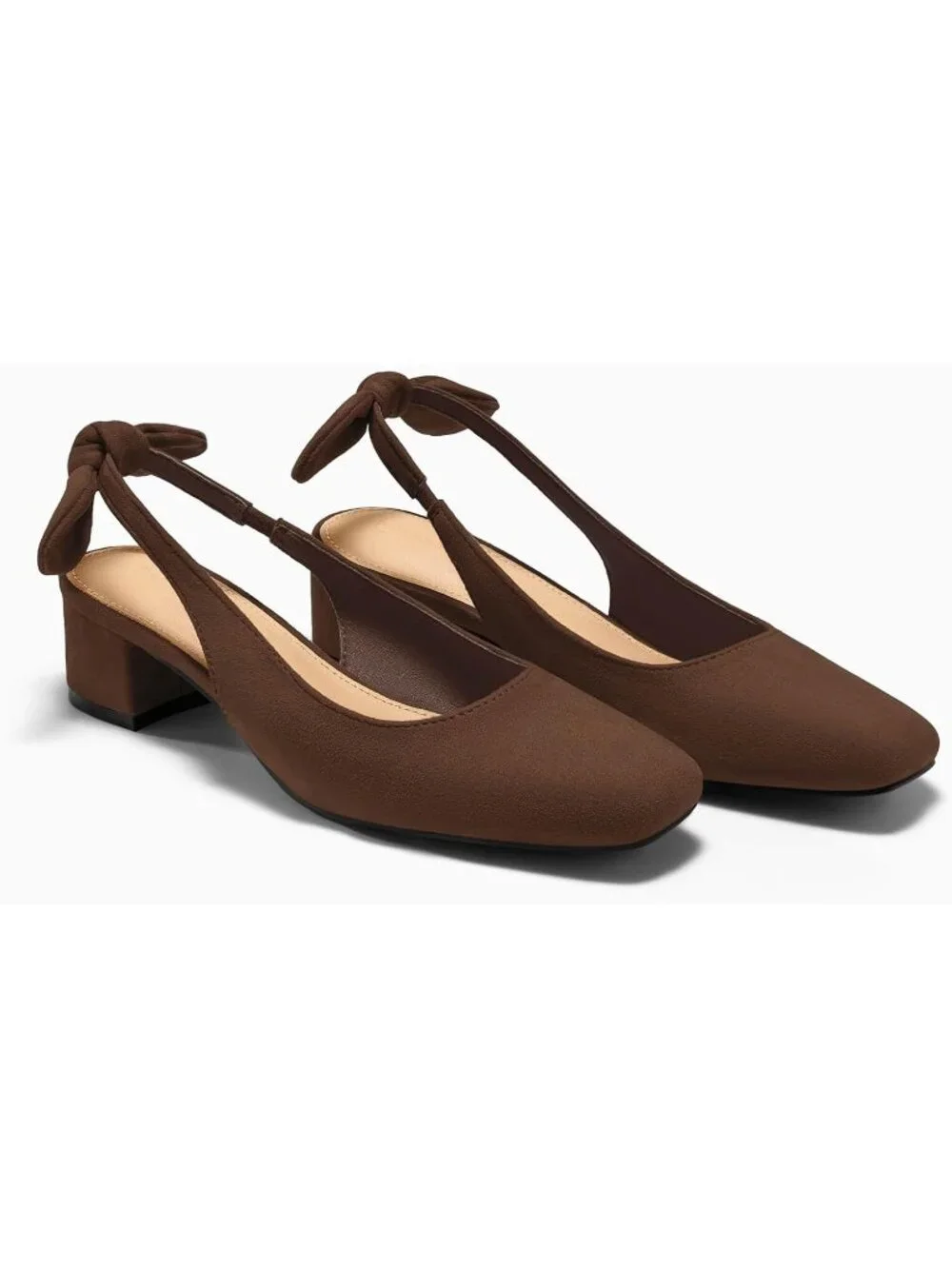 Women's Brown Faux Suede Chunky Low Heels Bow Slingback Closed Square Toe Pumps